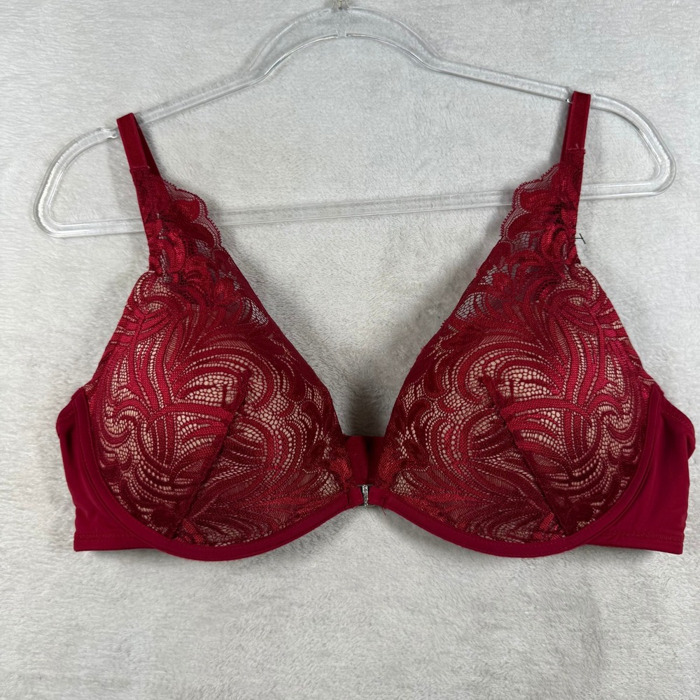 Adored by Adore Me Red Lace Push Up Bra 40C Front Clasp Rhinestone 40043
